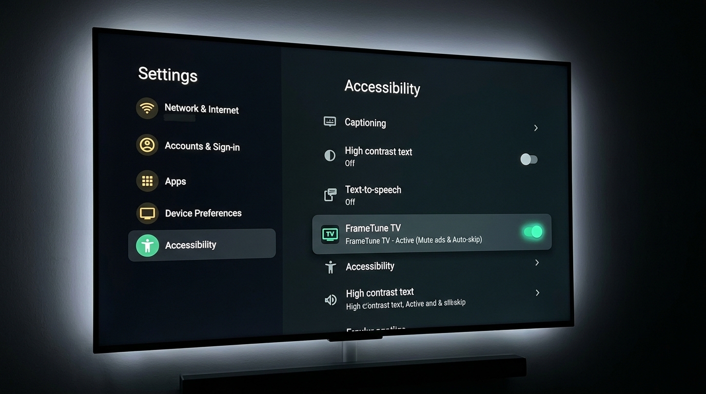 Android TV Accessibility Settings with FrameTune TV turned ON